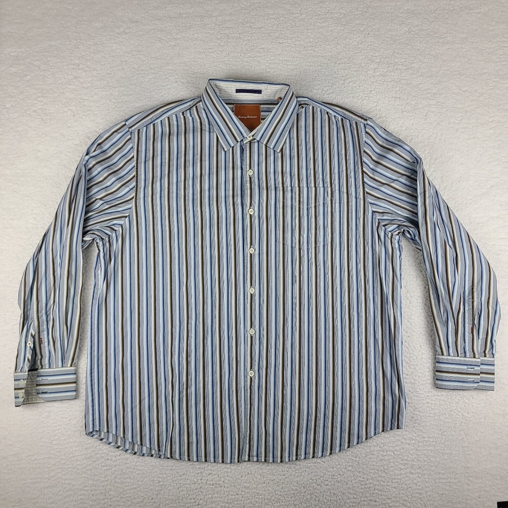 Tommy Bahama Shirt‎ Mens 2XL XXL Blue Brown Striped Cotton Dress Button Up